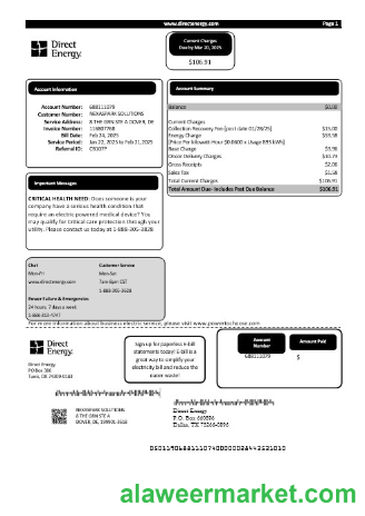 USA Texas Direct Energy business utility bill template in Word and PDF formats